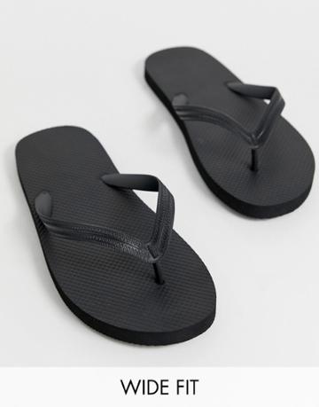 Asos Design Wide Fit Flip Flops In Black - Black
