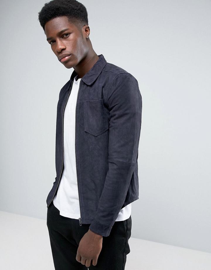 Selected Leather Jacket - Navy