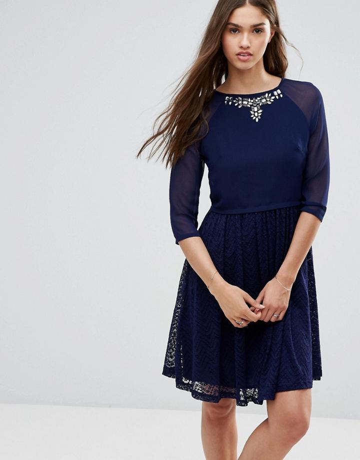 Little Mistress 3/4 Sleeve Skater Dress With Embellished Neckline - Navy
