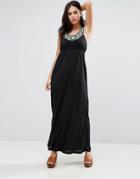 Jasmine Racer Back Maxi Dress With Embroidered Neck Detail - Black