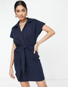 Asos Design Collared Wrap Front Mini Dress With Knot In Navy