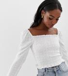 Asos Design Tall Long Sleeve Square Neck Top In Broderie With Shirring - White