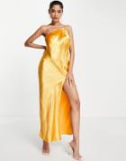 Asos Design One Shoulder Midaxi Dress In Satin With Drape Back-orange