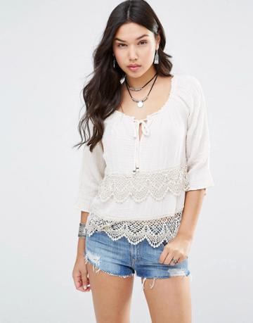 Gypsy 05 3/4 Sleeve Blouse With Crochet Trim - Dipti White