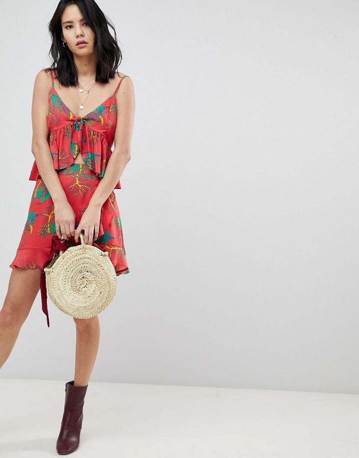 Honey Punch Mini Skirt With Ruffle Detail In Tropical Print Two-piece - Red
