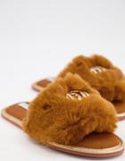 River Island Faux-fur Logo Slide Slippers In Brown