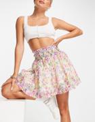 Lost Ink Mini Skirt With Shirred Waist In Watercolor Floral Organza-multi