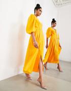 Asos Edition Button Front Midi Dress With Puff Sleeve In Marigold-orange