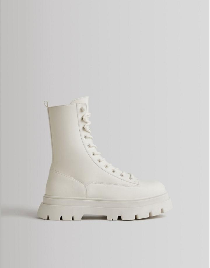 Bershka Lace Up Boot In White