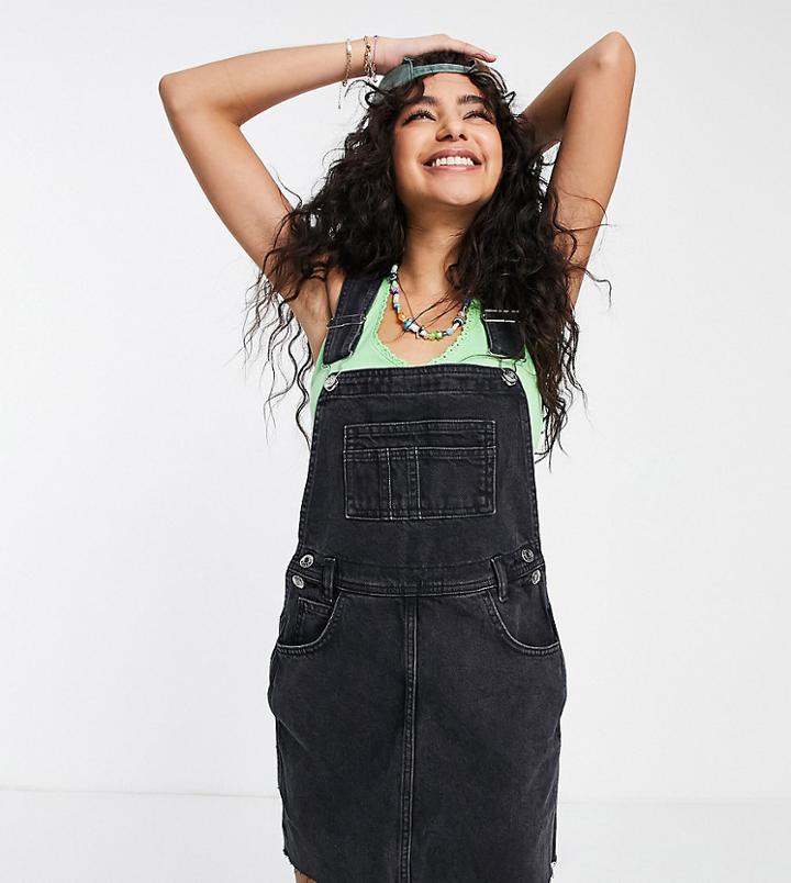 Asos Design Petite 'original' Denim Overalls Pinny In Washed Black