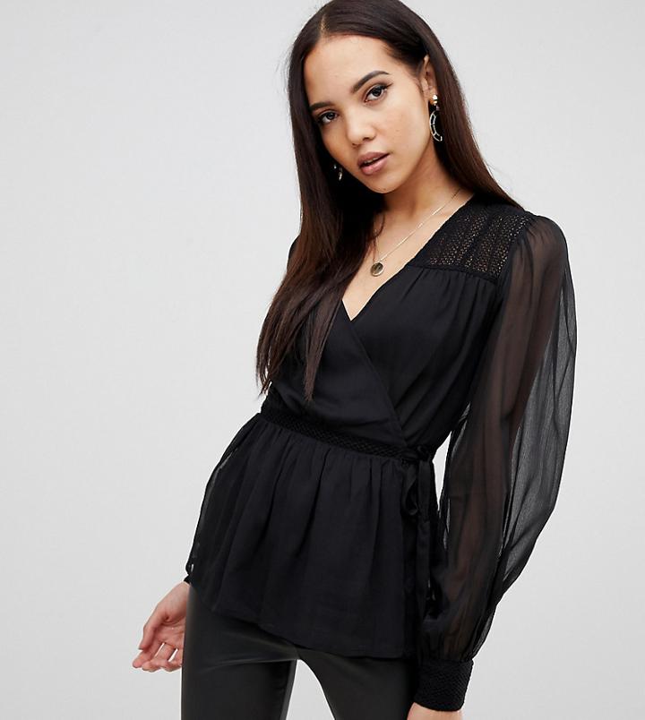 Asos Design Tall Sheer Long Sleeve Wrap Top With Lace Inserts - Black