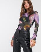 Weekday Cameron Agate Print Mesh Long Sleeve T-shirt In Multi