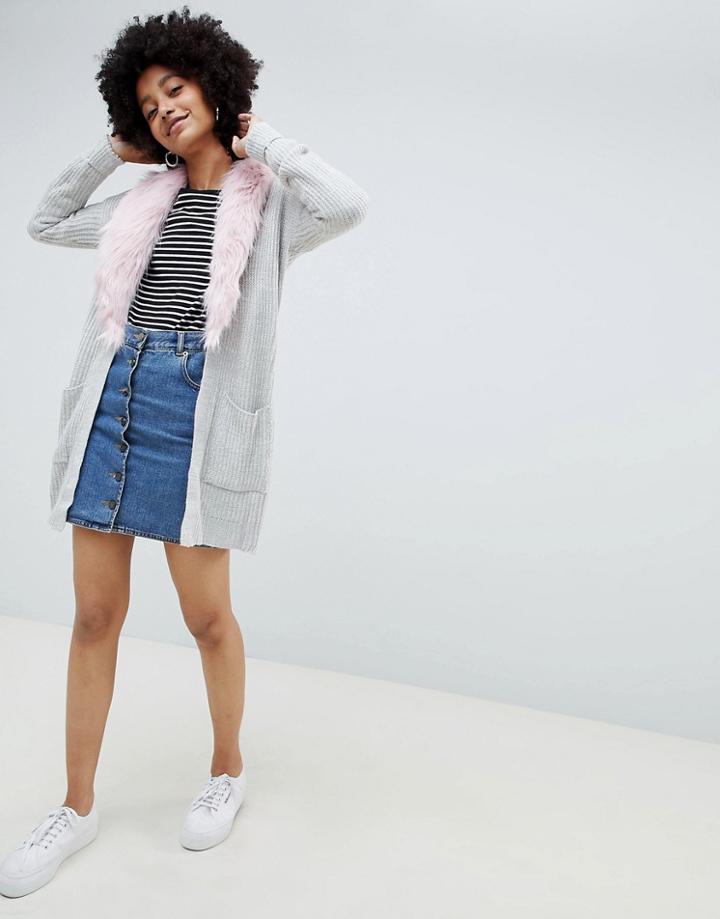 Brave Soul Hawk Cardigan With Detachable Faux Fur Collar - Gray