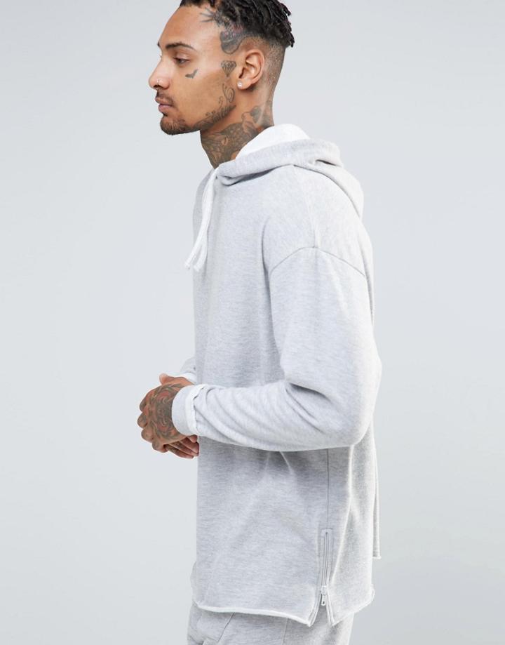 Asos Loungewear Oversized Longline Towelling Hoodie With Raw Hems & Side Zips - Gray