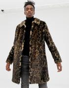 Asos Design Longline Faux Fur Jacket In Leopard Print - Brown