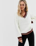 Wild Flower V Neck Sweater With Stripe Trim - Cream