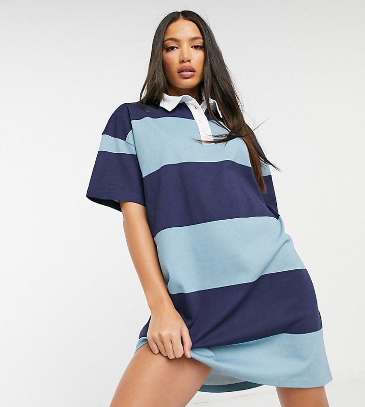 Asos Design Tall Rugby Stripe Short Sleeve T-shirt Dress In Blue Stripe
