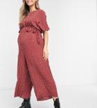 Asos Design Maternity Tie Waist Jumpsuit In Burgundy With Dot Print-multi