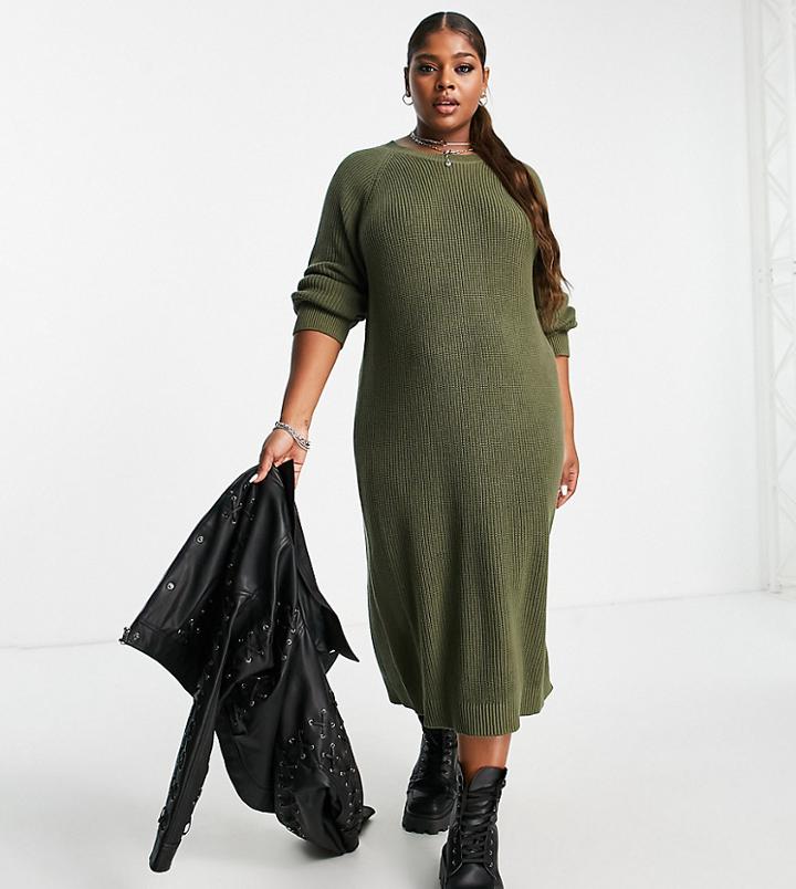 Noisy May Curve Side Slit Knit Midi Dress In Khaki-green