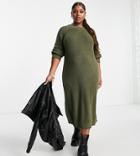 Noisy May Curve Side Slit Knit Midi Dress In Khaki-green