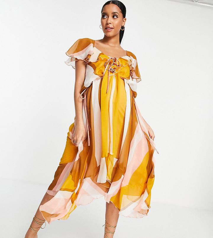 Asos Design Maternity Ruffle Midi Dress With Lace Up Front Detail In Stripe Print-multi
