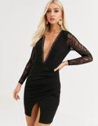 Asos Design Long Sleeve Lace Insert Wrap Mini Dress-black