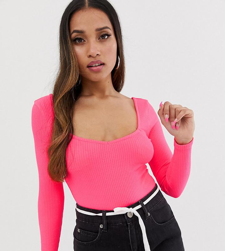 Asos Design Petite Supercrop Sweetheart Top In Neon Pink Rib
