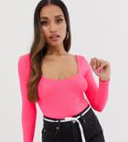 Asos Design Petite Supercrop Sweetheart Top In Neon Pink Rib