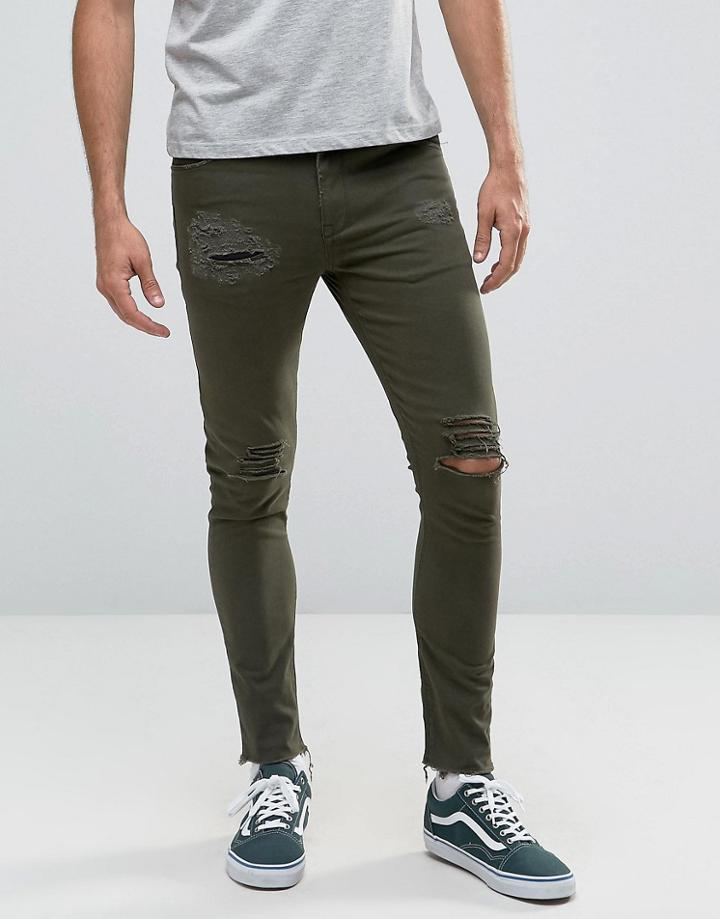 Asos Super Skinny 5 Pocket Pants In Dark Green With Rips And Distressing - Green
