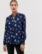 Yumi Floral Print Blouse With Pussy Bow Detail - Navy