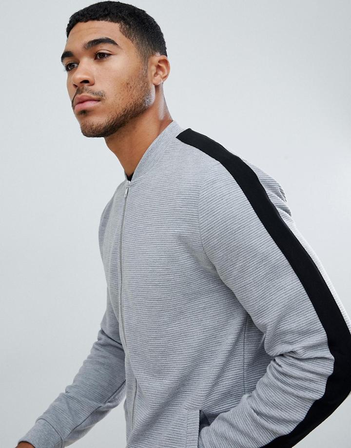 Asos Design Jersey Rib Bomber Jacket With Side Stripe In Gray
