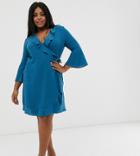 Outrageous Fortune Plus Ruffle Wrap Dress With Fluted Sleeve In Pale Blue