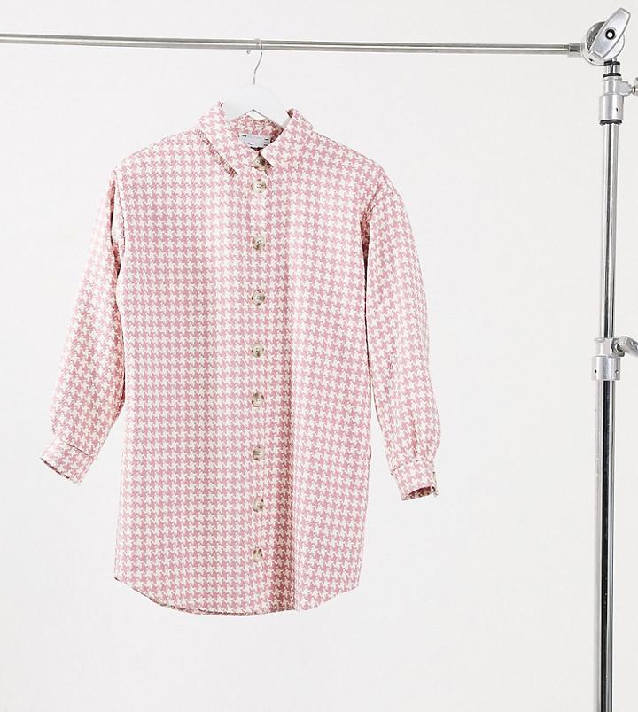 Asos Design Petite Button Down Mini Shirt Dress In Pink Boucle Check-multi
