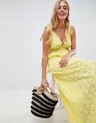 Asos Design Broderie Frill Plunge Maxi Beach Dress-yellow