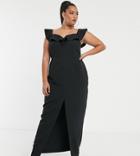 Vesper Plus Bardot Maxi Dress With Frill In Black