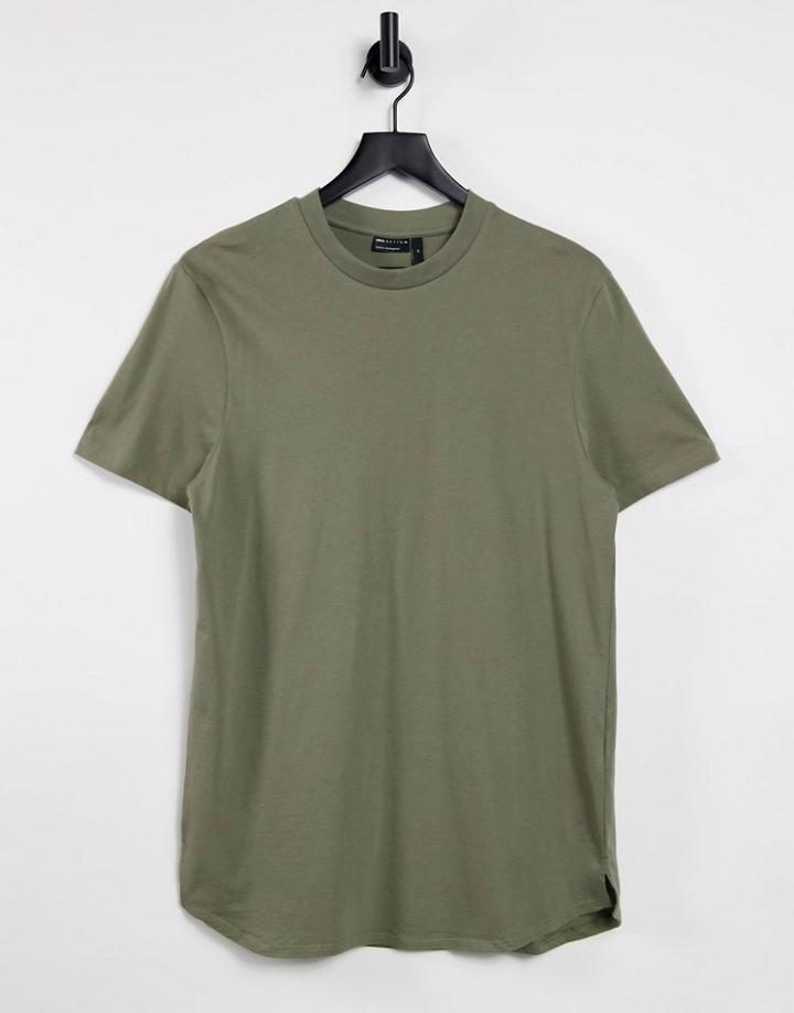 Asos Design Longline T-shirt With Side Splits In Washed Khaki-green