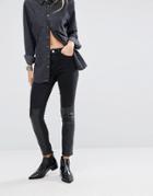 Noisy May Lucy Mid Rise Skinny Jean With Leather Look Panel - Black