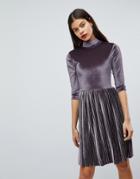 Club L Pleated High Neck Velvet Dress - Gray