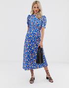 Asos Design Midi Tea Dress In Bright Floral Print - Multi