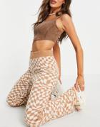 Asos Design Knit Flare Pants In Distorted Checkerboard Pattern In Camel - Part Of A Set-neutral