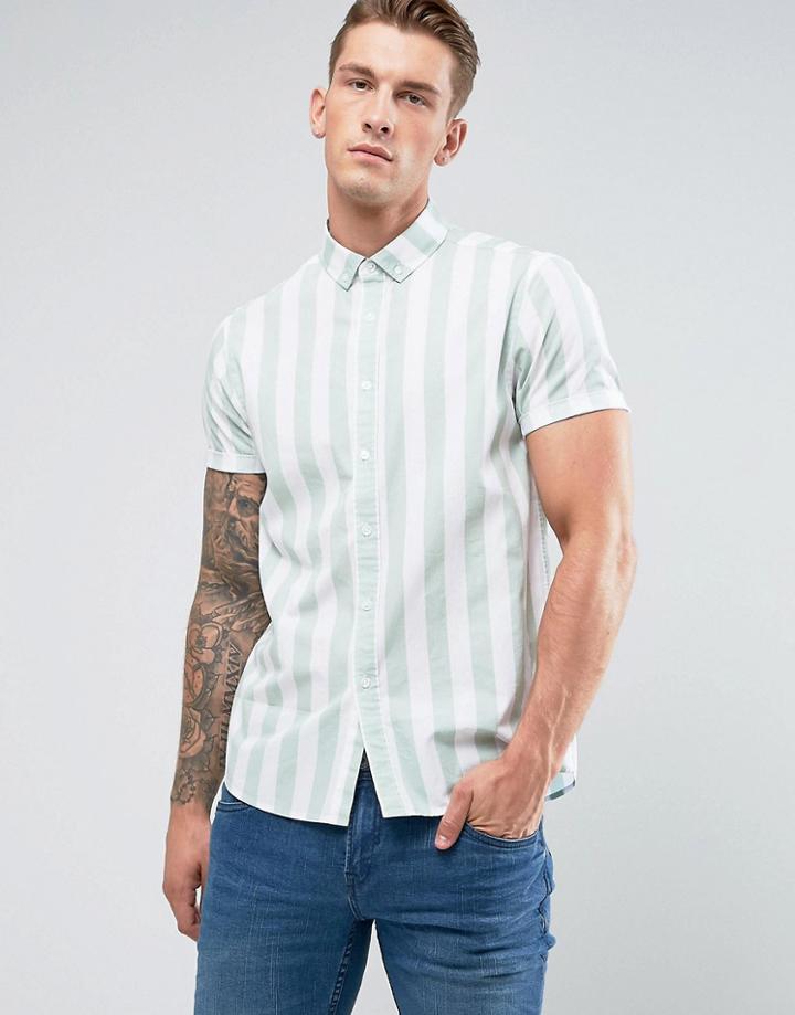 Asos Regular Fit Stripe Shirt In Green - Green