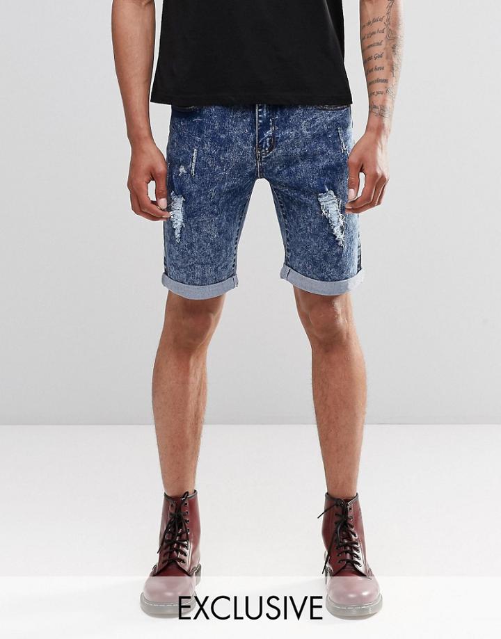 Liquor & Poker Slim Distressed Denim Shorts Blue Acid Wash - Blue Acid Wash