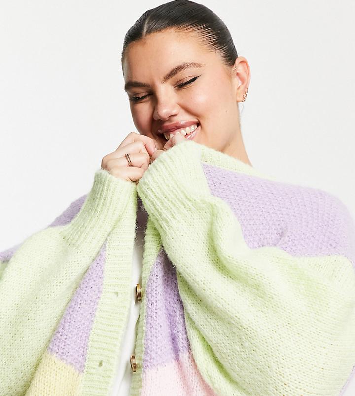 Pieces Curve Exclusive Color Block Cardigan In Lilac & Lime-multi