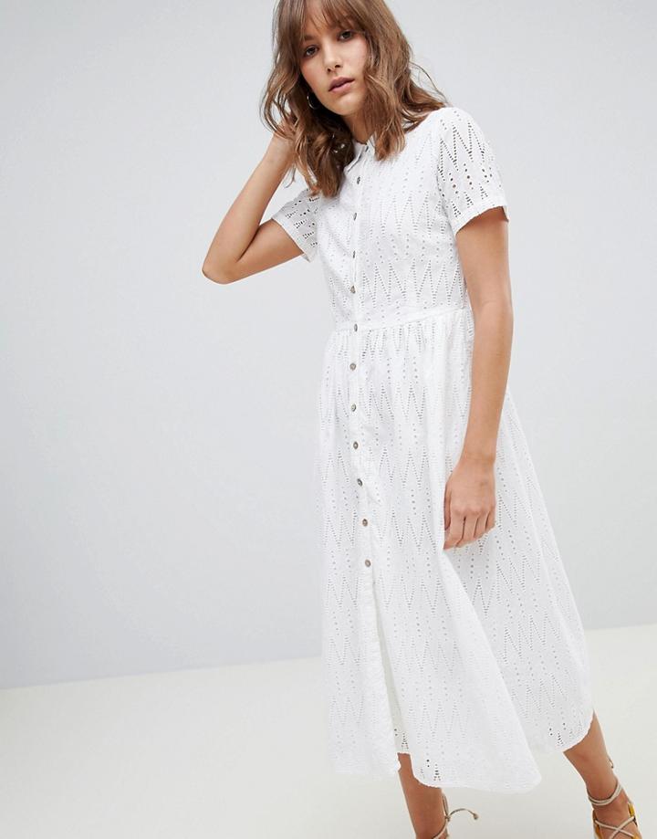 Mango Broderie Midi Dress In White - White