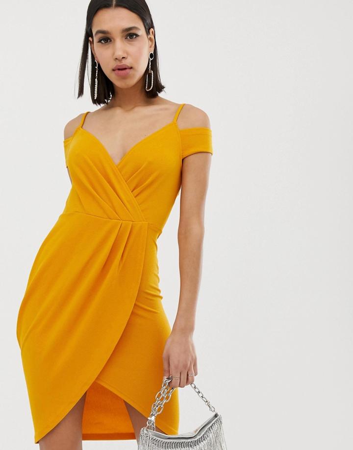 Ax Paris Wrap Midi Dress With Strap Detail-yellow