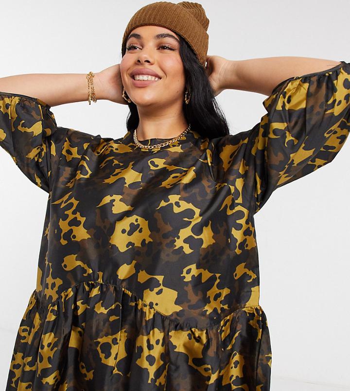 Collusion Plus High Neck Puff Sleeve Taffeta Mini Dress In Camo Print-multi