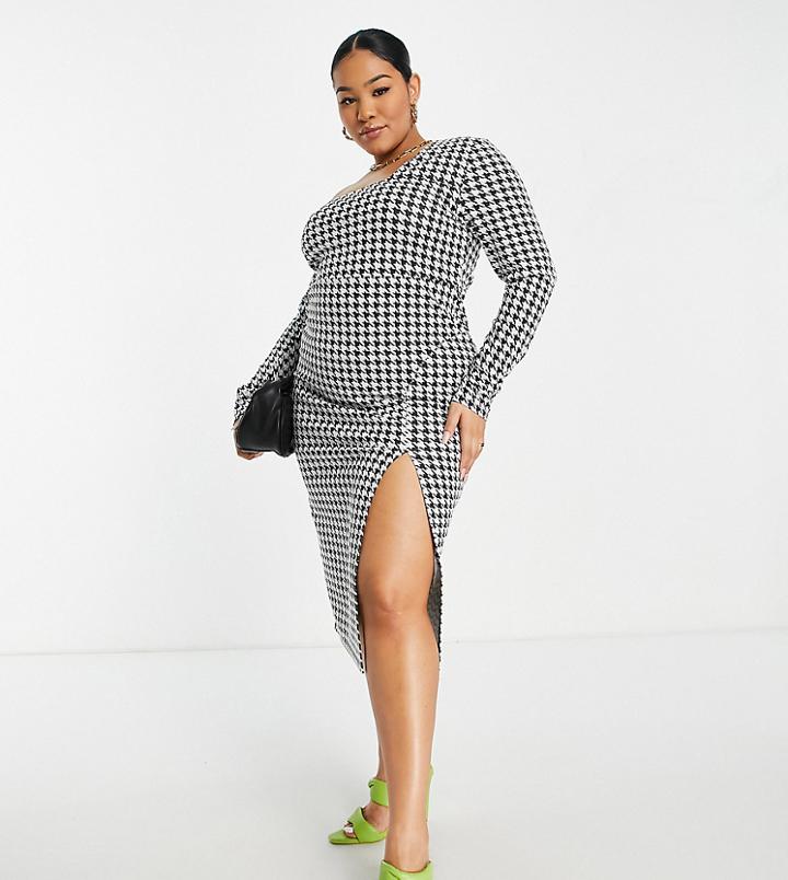 Asos Design Curve One Shoulder Long Sleeve Midi Dress With Split In Mono Dogtooth-multi