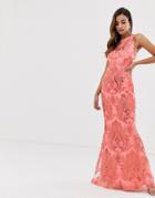 Goddiva Sequin Embroidery Maxi Dress With Fishtail In Coral-pink