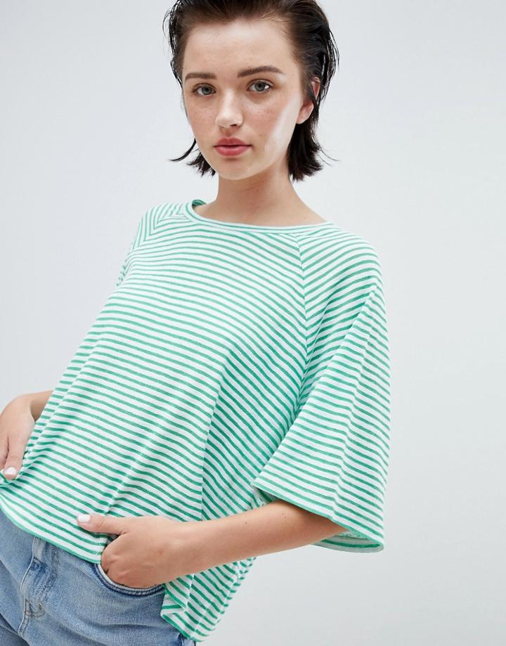 Weekday Textured Stripe T-shirt In Green And White Stripe - Green