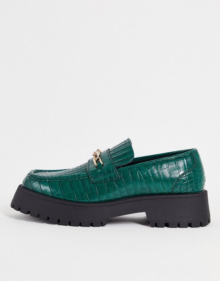 Asos Design Loafers In Green Faux Croc On Chunky Sole With Chain